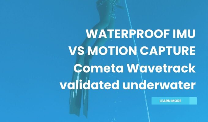 Freediver wearing Cometa WaveTrack waterproof wireless IMU sensors during vertical flutter kick validation against Qualisys underwater motion capture